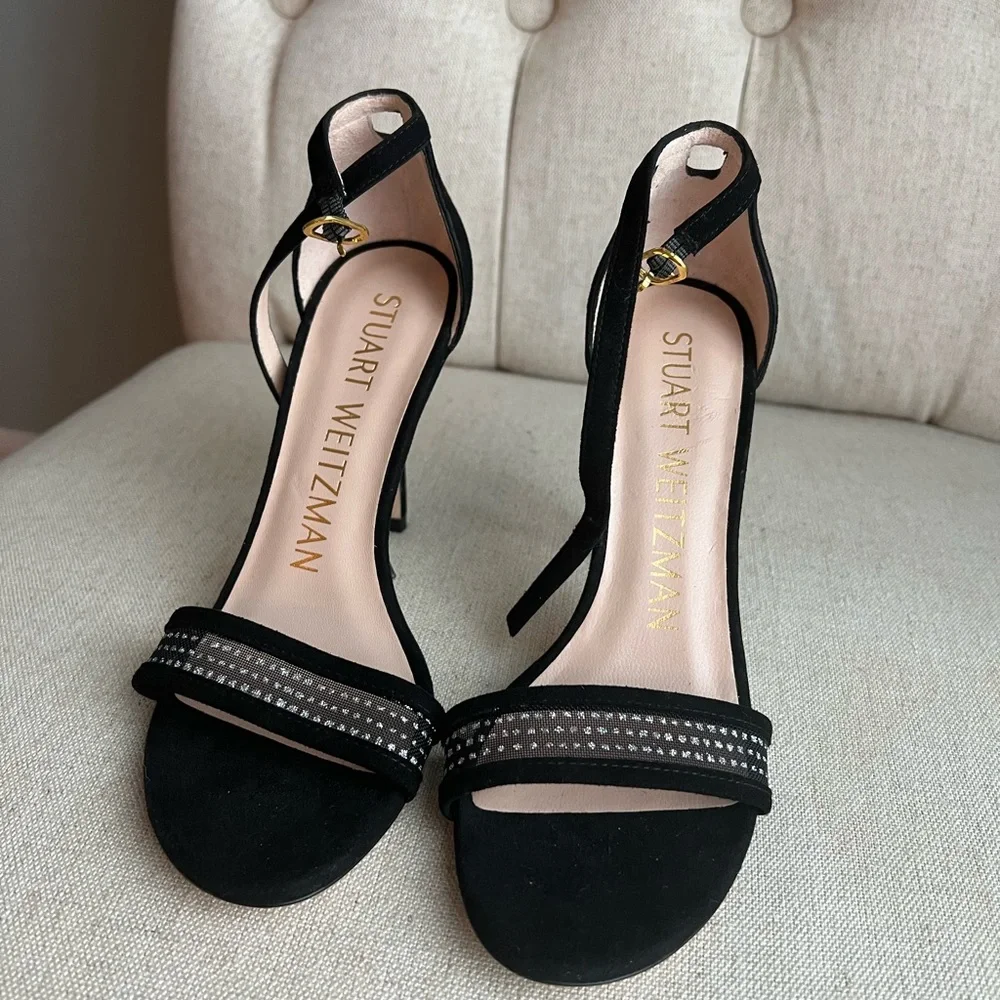 Stuart Weitzman Black Suede Ankle Strap Heels Size 4 Rhinestone Mesh Detail Rare